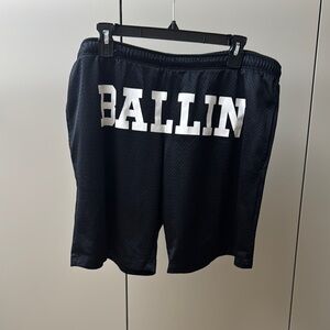 BRIAN LICHTENBERG Vintage Black Mesh Shorts with White 'Ballin' Text